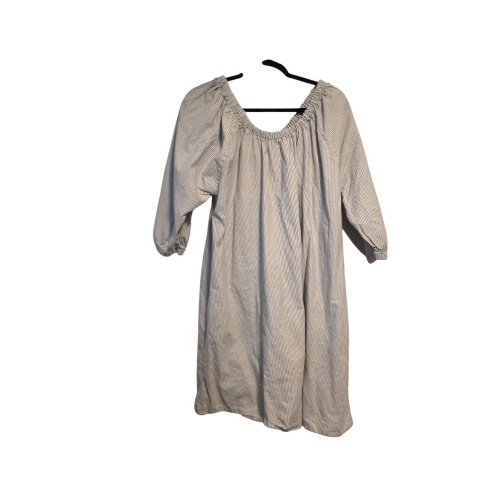 Evolverie Striped Smocked-Neck Cotton Dress White & Gray Size Large